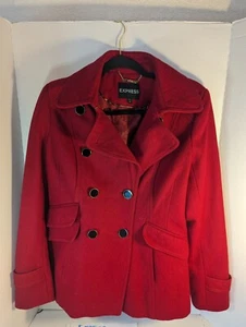 Express Red Double Breasted Mid-Length, Pea Coat, Size Small Wool Jacket Pockets - Picture 1 of 24