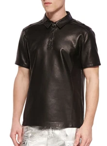 Men's Casual Leather Genuine T-Shirt Pure Soft Real Lambskin Leather T-Shirt - Picture 1 of 3