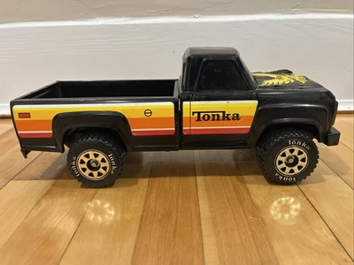 Vintage 1980's Black Tonka Pickup Truck, Yellow Decals, Black Windows 14"x6"x6” - Image 1 of 4