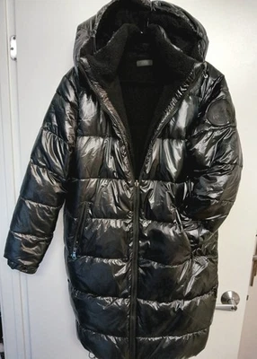 Canada PAJAR Womens LONG Black METALLIC Puffer COAT parka REVERSIBLE Hood MEDIUM - Image 1 of 4
