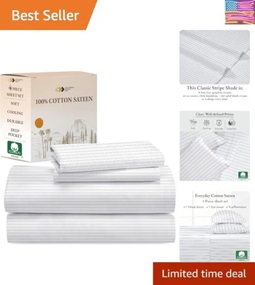 Juego de sábanas de algodón King - 100 % natural a rayas suaves, lavables a máquina Foto 1 de 4