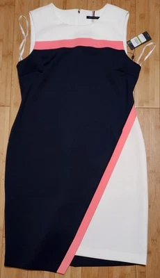 Tommy Hilfiger Mujer Talla 14 Vestido Vaina Dobladillo Asimétrico Color Bloqueado Cremallera Trasera Foto 1 de 4