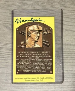 Warren Spahn Signed Yellow Hall of Fame Plaque Postcard Auto HOF Post Card - Picture 1 of 2