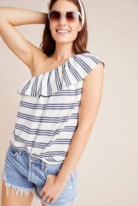 Anthropologie Eri + Ali Striped One Shoulder Top Large Black White New $78 Tag - Picture 1 of 7