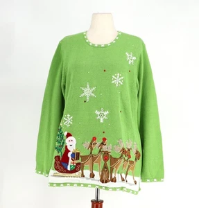 NWT QUACKER FACTORY Light Up Christmas Sweater Santa Claus Reindeer Holiday 1X - Picture 1 of 8