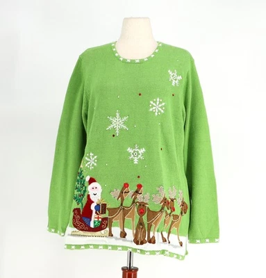 NWT QUACKER FACTORY Light Up Christmas Sweater Santa Claus Reindeer Holiday 1X - Image 1 of 4