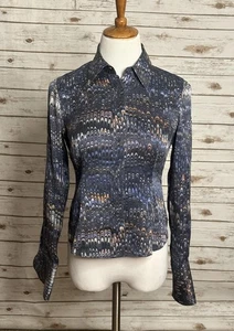 Lafayette 148 New York navy/multicolored long sleeve silk button-up shirt Size 4 - Picture 1 of 7