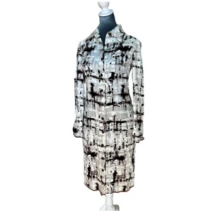 Abito Camicia Seta St. John Taglia 2 Grigio Bianco Nero Astratto Elasticizzato Lusso Carriera - Foto 1 di 16