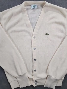 Vintage 80er Izod Lacoste Orlon Acryl Strick V-Ausschnitt Cardigan Pullover Herren M Elfenbein - Bild 1 von 9