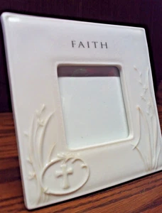 PHOTO FRAME White Porcelain w/Vines+ Cross FAITH for 3"x3" Picture Tabletop  q26 - Picture 1 of 5