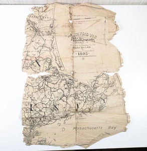 1893 Radfahrer Straßenkarte Teil 7 Eastern Massachusetts selten antik Kartenschaden - Bild 1 von 9