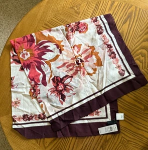 Anne Klein Silk Cotton Scarf Square Floral Burgundy Mauve Peach Signed 36X36 - Picture 1 of 8