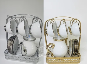 Stunning Set of 6 Tea Cups and Saucers Teapot with Stand: White Gold Xmas Gift - Picture 1 of 6