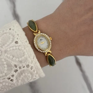 Retro Y2K Gold und grüne Natursteine Vintage Uhrenarmband Edelstahl - Bild 1 von 6