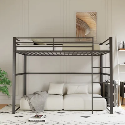 Marco de cama tipo loft de metal tamaño doble con barandillas de seguridad y escalera para niños adolescentes adultos Foto 1 de 4