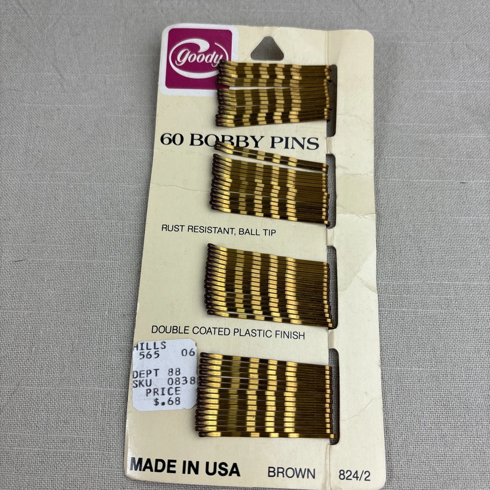 Vintage 1982  Goody Hair Retro Bobby Pins Made In USA Brown Ball Tip 60 Ct New - Image 1 of 4