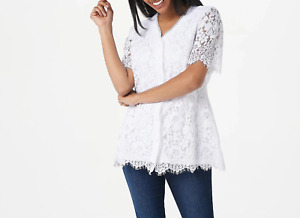Isaac Mizrahi Live! Knit Lace Button-Front Top Bright White, MEDIUM  A392615