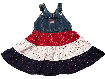 2T Toddler OshKosh B'Gosh Vestbak Overall Jumper Dress Patriotic Stars 4th July - Image 1 of 4