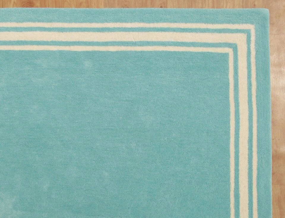 Hand Tufted Classic Border Aqua Blue  Handmade Woolen Soft Area Rugs - Image 1 of 4