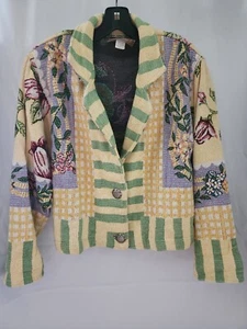 Vintage gewebte Baumwolljacke Metallknöpfe Gobelin Blumen Damen klein bemalt Pony - Bild 1 von 21