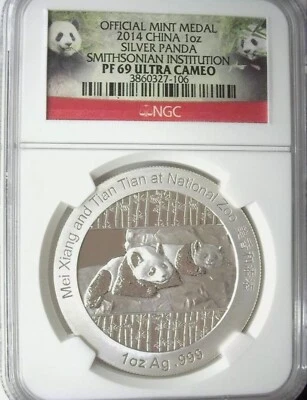 Superb Rare Scarce Genuine 2014 China Silver Panda Smithsonian Inst 1oz in PF69  - Image 1 of 4
