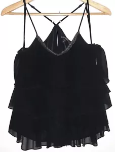 Express Womens Tank Top Sz Small Black Sheer Polyester with Ruffles and Side Zip - Picture 1 of 11