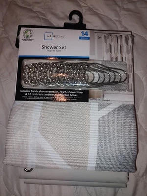 Juego de ducha Mainstays ganchos forradores de cortina de tela 14 piezas colores neutros gris tostado... Foto 1 de 4