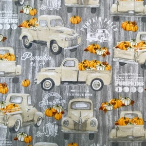 Fall Harvest Pumpkins Pickup Truck Quilt Fabric Gray country cottage crafts 27 " - Picture 1 of 8