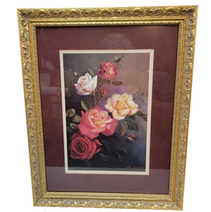 Impreso clásico de rosas para interiores del hogar por D. Giacomo borgoña mate en marco dorado - Imagen 1 de 8