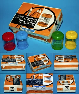 12 ESCOLAR TROMMELPLASTIK BLEISTIFT ANSPITZER SPITZER DISPLAY BOX 70er RARITÄT ! - Afbeelding 1 van 5