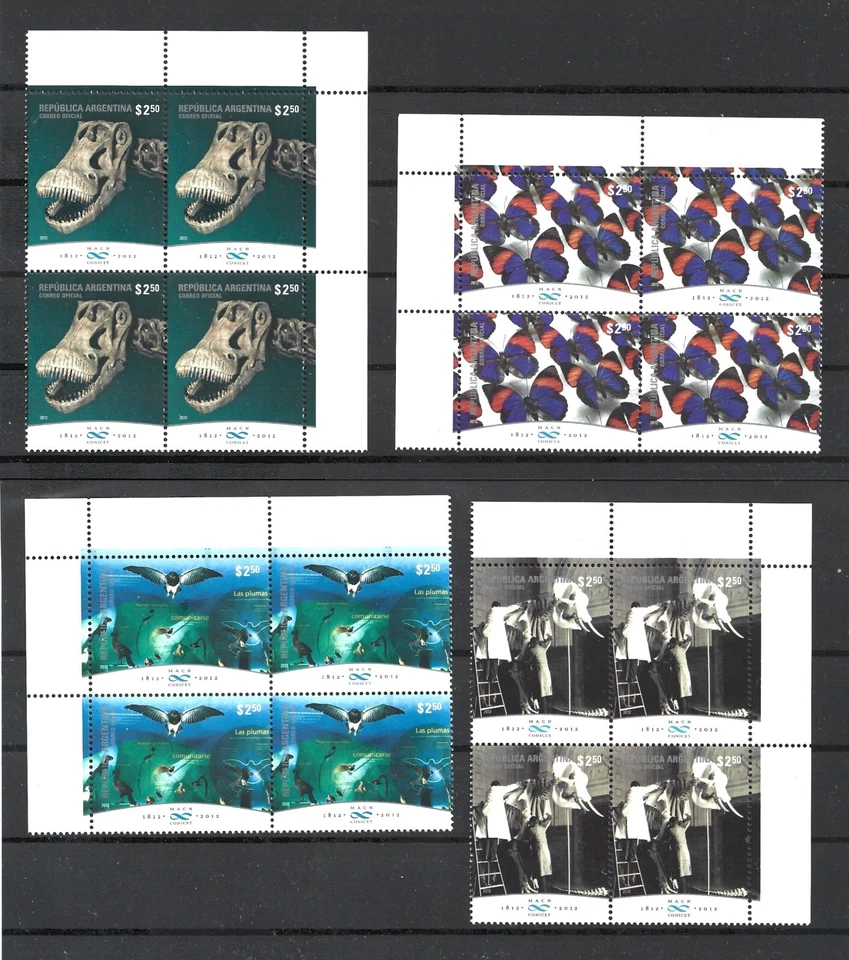Argentina 2012 Museums, Fossil, Butterflies, Birds Complete Set MNH Blocks of 4 - Image 1 of 1