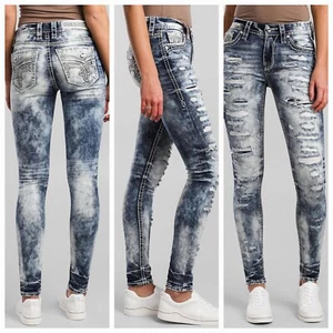 🤘NeW!!🥰 ROCK REVIVAL KATYDID ACID WASH EMBROIDERED SKINNY JEANS 27 - Picture 1 of 20