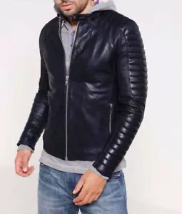 Abrigo de Cuero para Hombre Motociclista Genuino Suave Piel de Cordero Delgado Negro - Imagen 1 de 9