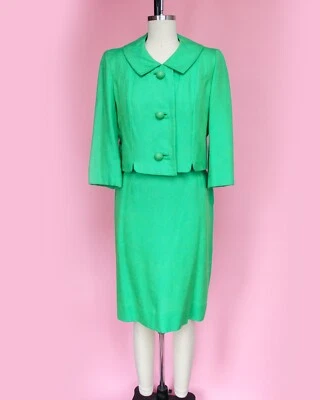 Jaqueta e terno saia verde limão década de 1960 algodão mod duas peças - Imagem 1 de 4
