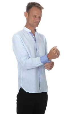 Ugholin Camicia Uomo in Lino Collo alla Coreana a Maniche Lunghe Blu - Immagine 1 di 4
