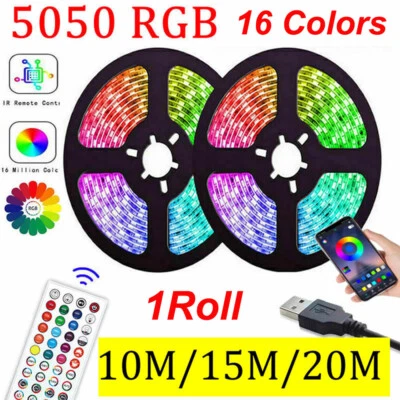LED Strip Lights 1-20m RGB 5050 Colour Changing Tape Cabinet Kitchen TV Lighting - Image 1 of 4