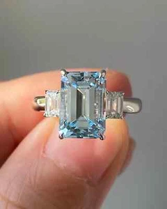 5. Ct Emerald Cut Natural Aquamarine Diamond Ring 14K Solid White Gold Size All - Picture 1 of 6
