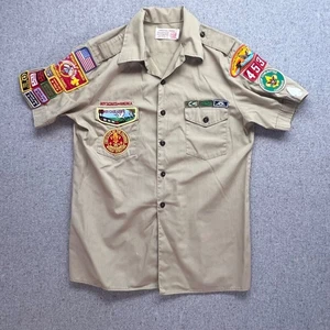 VINTAGE Boy Scouts of America Shirt Adult Large Beige US Made 1980's Patches - Picture 1 of 10