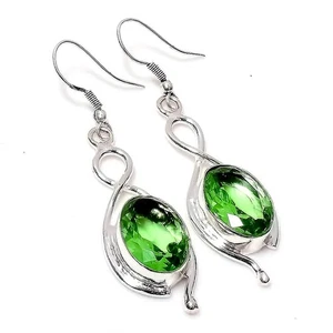 Green Peridot Gemstone 925 Sterling Silver Handmade Dangle Earrings 1.6" - Picture 1 of 4