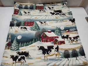 CHRISTMAS Placemats WINTER SNOW COUNTRY Farm CHURCH Barn Cow Set 4 CLOTH Cotton - Picture 1 of 10