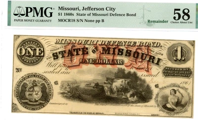 Bono de defensa del estado de Missouri de $1 de la década de 1860.   PMG 58 Foto 1 de 3