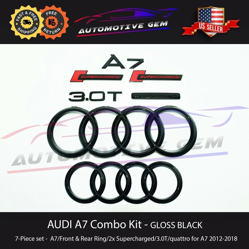NEW AUDI A7 Emblem BLACK Front Grille Rear Trunk Ring Supercharged 3.0T Quattro - Image 1 of 2