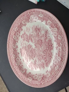 English Ironstone Red Oval Serving Platter 11.5”x9” Colonial Farm Scene Vintage - Picture 1 of 11