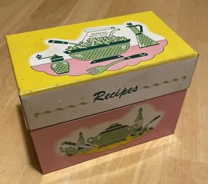 Vintage 1950's Graphic Tin Recipe Box Ohio Art Co. Pink Yellow Green - Picture 1 of 9