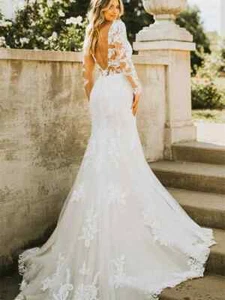 Boho Mermaid Wedding Dresses V Neck Long Sleeve Illusion Backless  Bridal Gowns - Picture 1 of 11