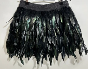 Feather Mini Skirt Womens Large Black Metallic Waistband Party Gothcore Festival - Picture 1 of 6