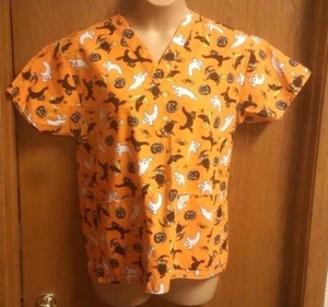 Nurse Scrub Top Orange Halloween Ghosts Cats Witches Bats Womens S Small Crest - Picture 1 of 3