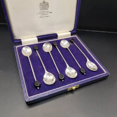 Cucharas de grano de café de plata esterlina, Mappin and Webb Ltd 1979, estuche original Foto 1 de 4