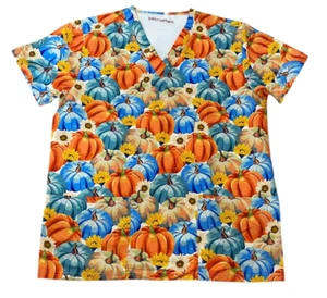 Vibrant Pumpkin & Sunflower Themed Scrub Top- Microflex- Unisex Size S-NEW - Picture 1 of 5