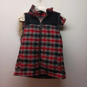 Natural Reflections Red Flannel Plaid Faux Fur Hooded Lined Vest Size Medium Zip - Picture 1 of 4